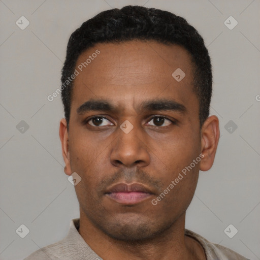 Neutral latino young-adult male with short  black hair and brown eyes