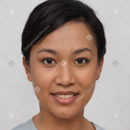 Joyful asian young-adult female with short  brown hair and brown eyes