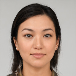 Neutral asian young-adult female with medium  brown hair and brown eyes