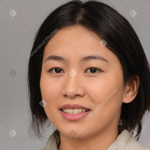 Joyful white young-adult female with medium  brown hair and brown eyes