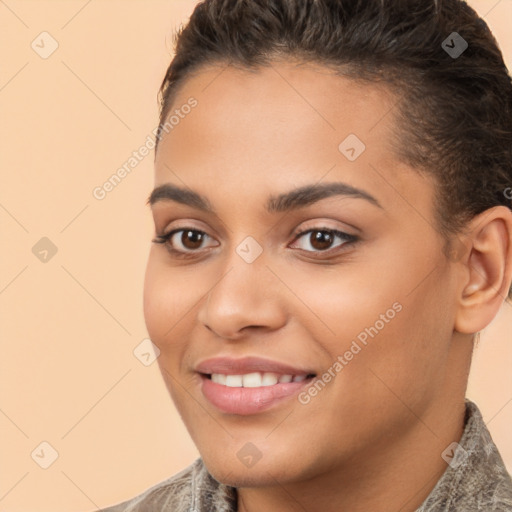 Joyful white young-adult female with short  brown hair and brown eyes