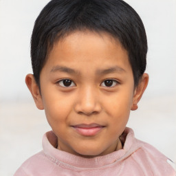 Joyful asian child male with short  brown hair and brown eyes