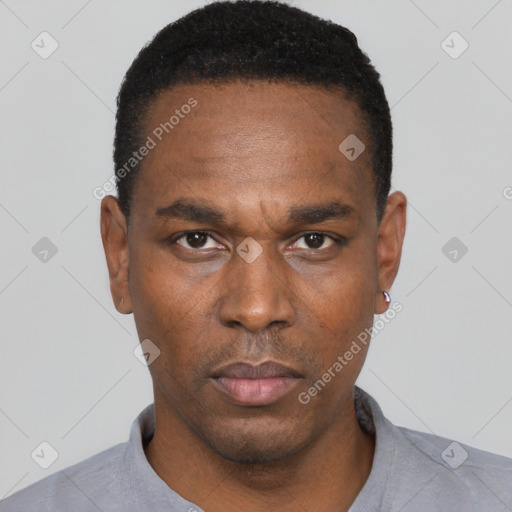 Neutral black adult male with short  black hair and brown eyes