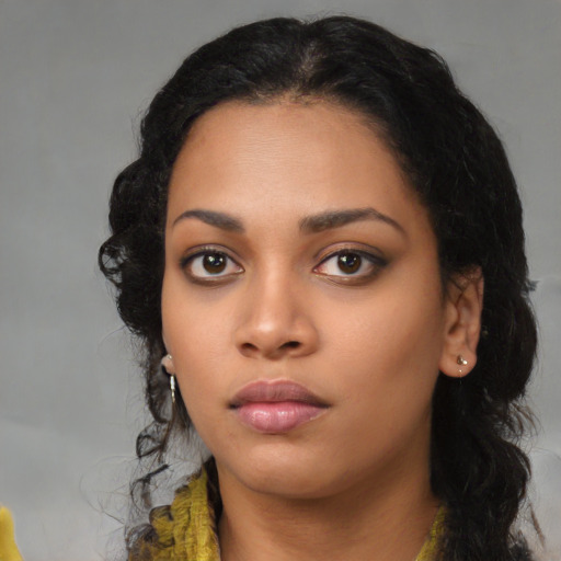 Neutral latino young-adult female with long  black hair and brown eyes