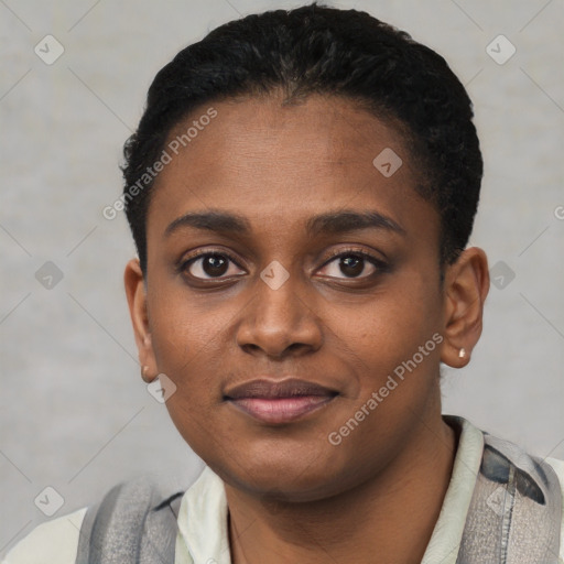 Joyful black young-adult female with short  black hair and brown eyes