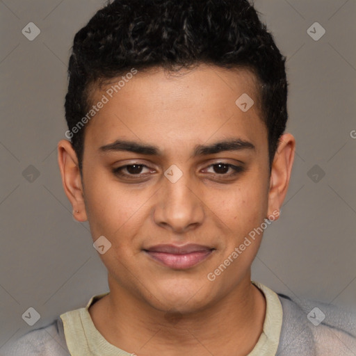 Joyful latino young-adult male with short  brown hair and brown eyes