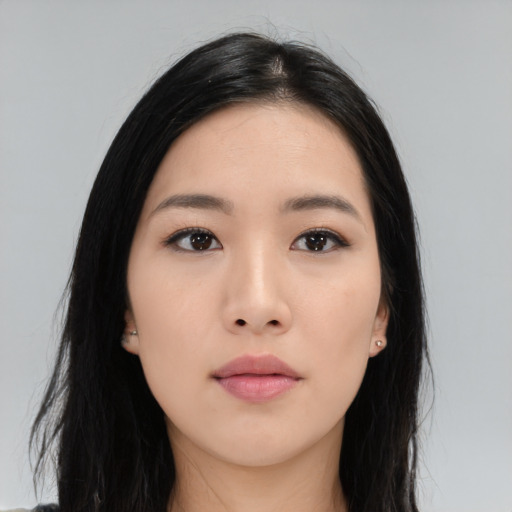 Neutral asian young-adult female with long  black hair and brown eyes