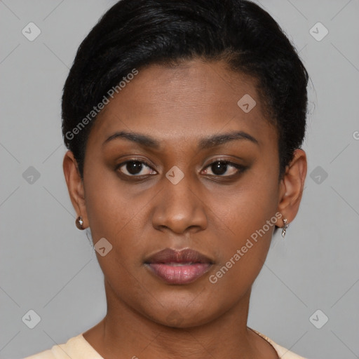 Neutral latino young-adult female with short  brown hair and brown eyes