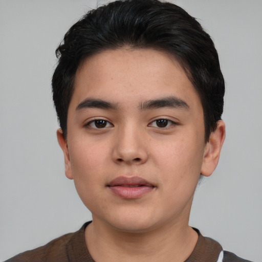 Neutral white young-adult male with short  black hair and brown eyes