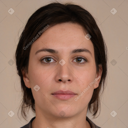 Neutral white young-adult female with medium  brown hair and brown eyes