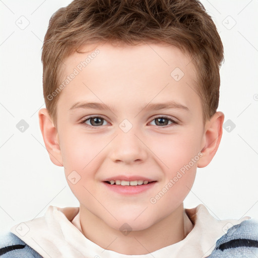 Joyful white child male with short  brown hair and brown eyes