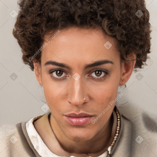 Neutral white young-adult female with short  brown hair and brown eyes