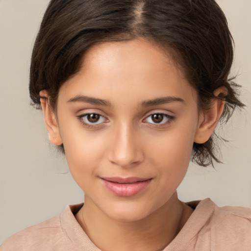 Joyful white child female with medium  brown hair and brown eyes