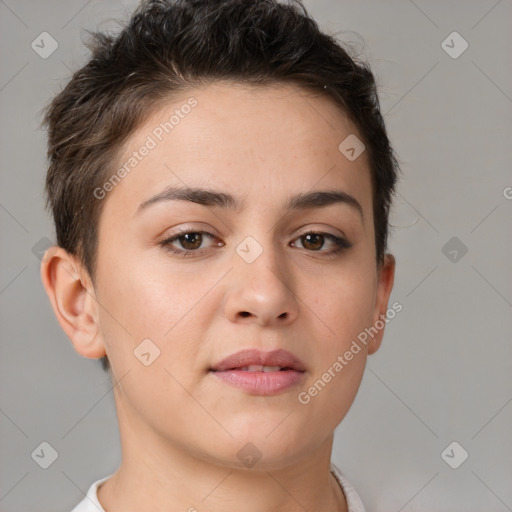 Neutral white young-adult female with short  brown hair and brown eyes