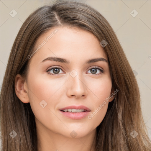 Neutral white young-adult female with long  brown hair and brown eyes