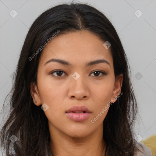 Neutral asian young-adult female with long  brown hair and brown eyes