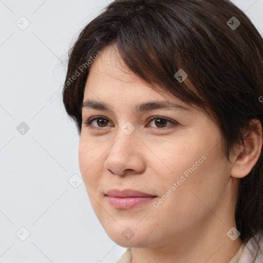 Joyful white young-adult female with medium  brown hair and brown eyes