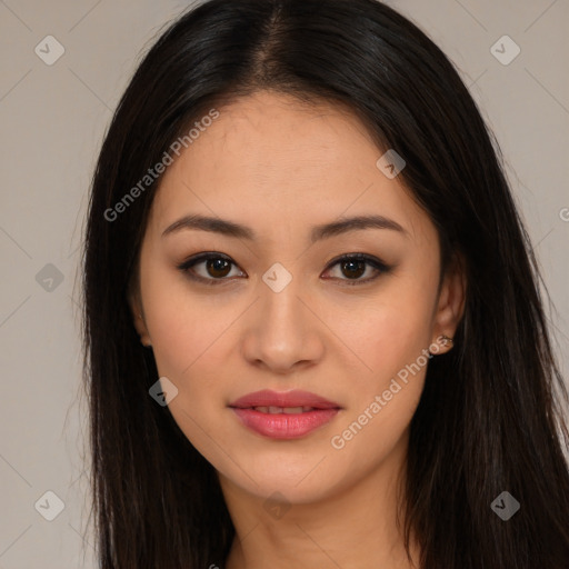 Joyful asian young-adult female with long  brown hair and brown eyes