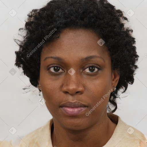 Neutral black young-adult female with short  black hair and brown eyes