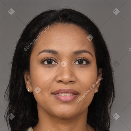 Joyful latino young-adult female with long  brown hair and brown eyes