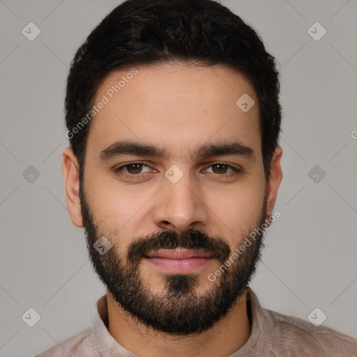 Neutral white young-adult male with short  black hair and brown eyes