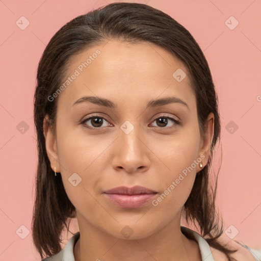 Neutral white young-adult female with medium  brown hair and brown eyes