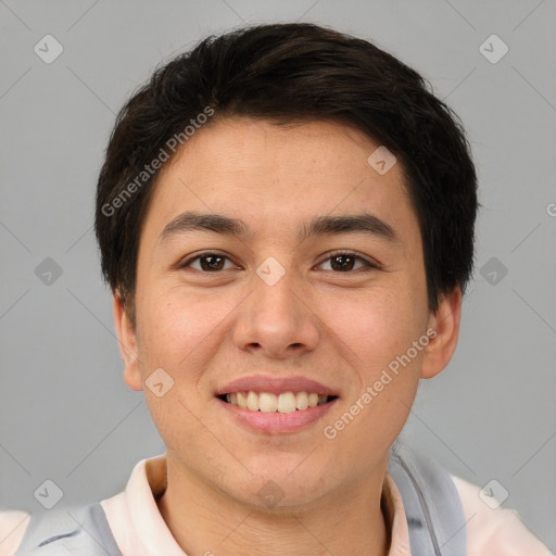 Joyful white young-adult male with short  brown hair and brown eyes