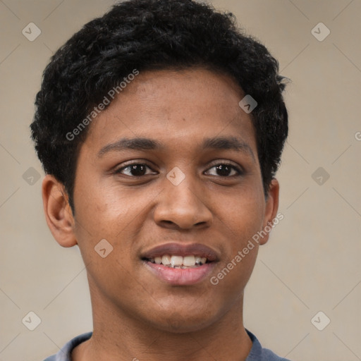 Joyful black young-adult male with short  brown hair and brown eyes