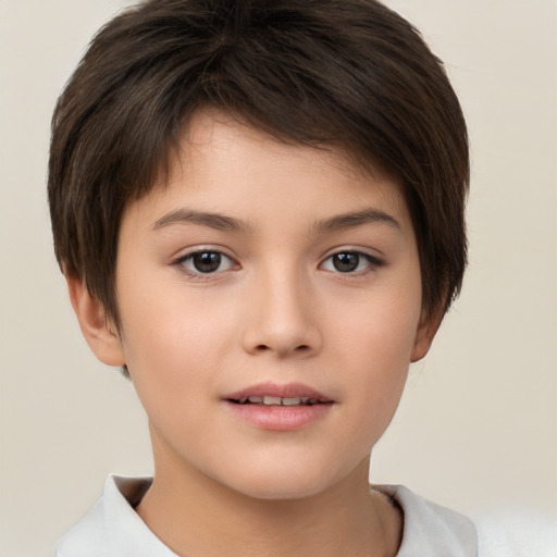 Joyful white child female with short  brown hair and brown eyes