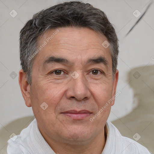 Joyful white middle-aged male with short  brown hair and brown eyes