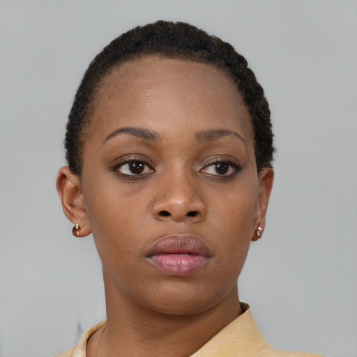 Neutral black young-adult female with short  brown hair and brown eyes