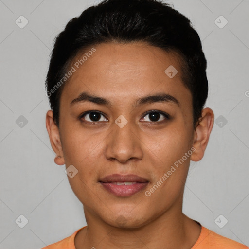 Joyful latino young-adult female with short  brown hair and brown eyes