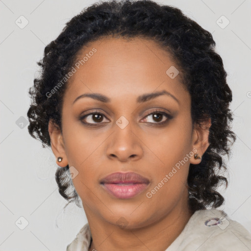 Joyful latino young-adult female with long  black hair and brown eyes