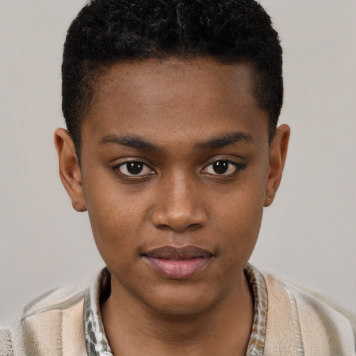 Joyful black young-adult female with short  brown hair and brown eyes