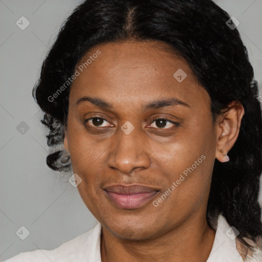 Joyful latino adult female with medium  brown hair and brown eyes