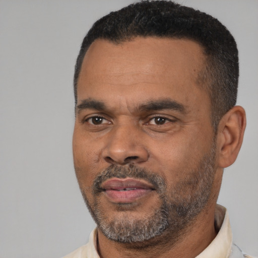 Neutral black adult male with short  black hair and brown eyes