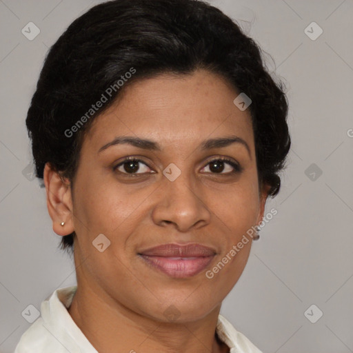 Joyful latino adult female with short  brown hair and brown eyes