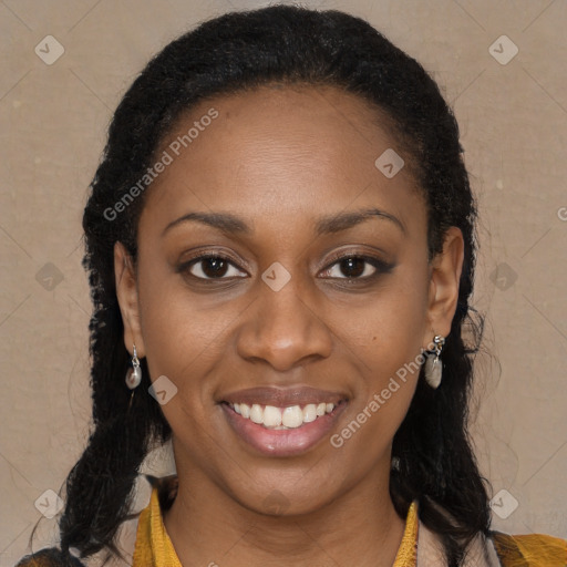 Joyful black young-adult female with long  black hair and brown eyes