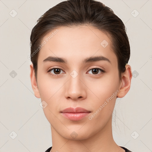 Neutral white young-adult female with short  brown hair and brown eyes