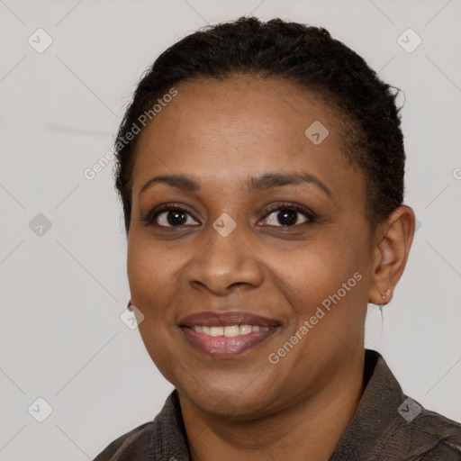 Joyful black young-adult female with short  brown hair and brown eyes