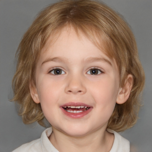 Joyful white child female with medium  brown hair and blue eyes