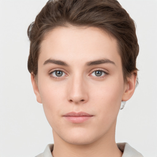 Neutral white young-adult female with short  brown hair and brown eyes