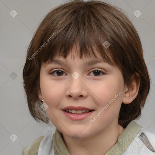 Joyful white child female with medium  brown hair and brown eyes