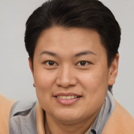 Joyful asian adult female with short  brown hair and brown eyes