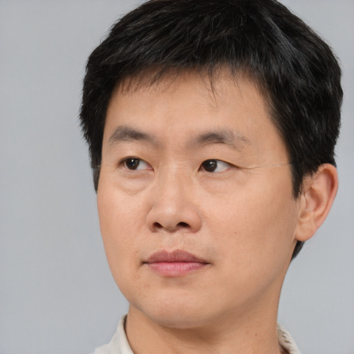 Neutral asian young-adult male with short  brown hair and brown eyes