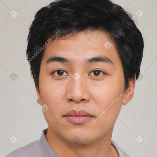 Neutral asian young-adult male with short  black hair and brown eyes