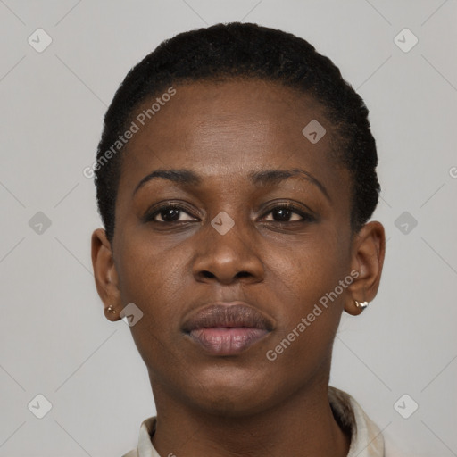 Neutral black young-adult female with short  brown hair and brown eyes