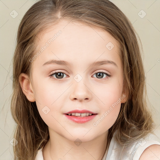 Joyful white child female with medium  brown hair and brown eyes