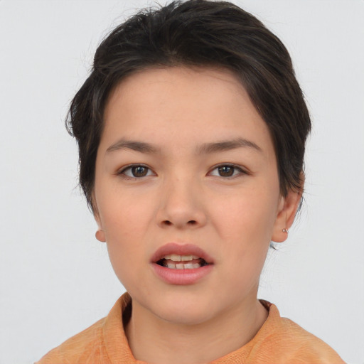 Neutral asian young-adult female with short  brown hair and brown eyes