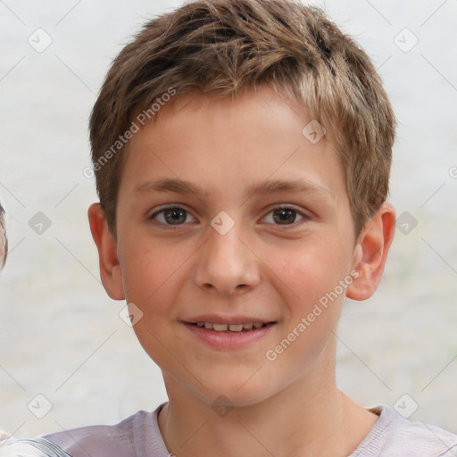 Joyful white child male with short  brown hair and brown eyes